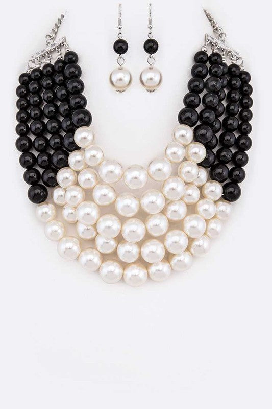 2 Tone Layered Pearls Strand Statement Necklace