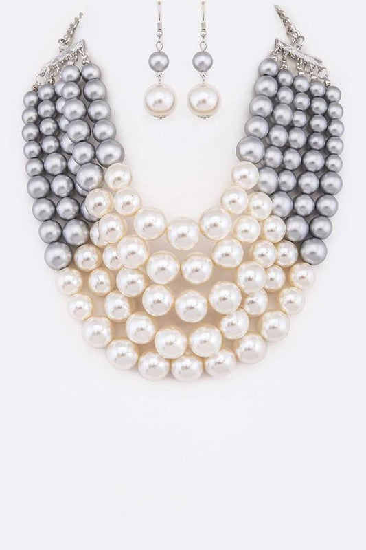 2 Tone Layered Pearls Strand Statement Necklace