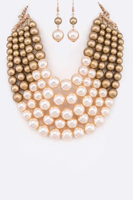 2 Tone Layered Pearls Strand Statement Necklace