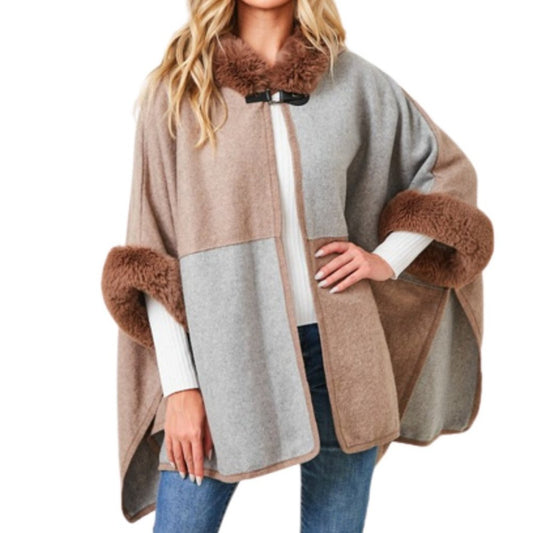 Women's Mocha & Grey Faux Fur Hooded Color Block Poncho