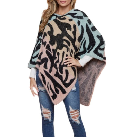 Women's Sweater Poncho Cape Divided Three Color Block Leopard Patterned