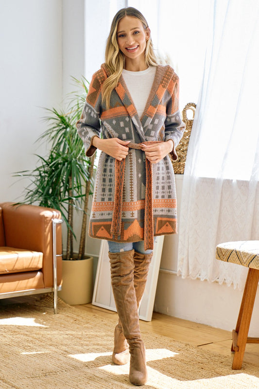 Grey and Light Orange Aztec Hooded Cardigan with Belt