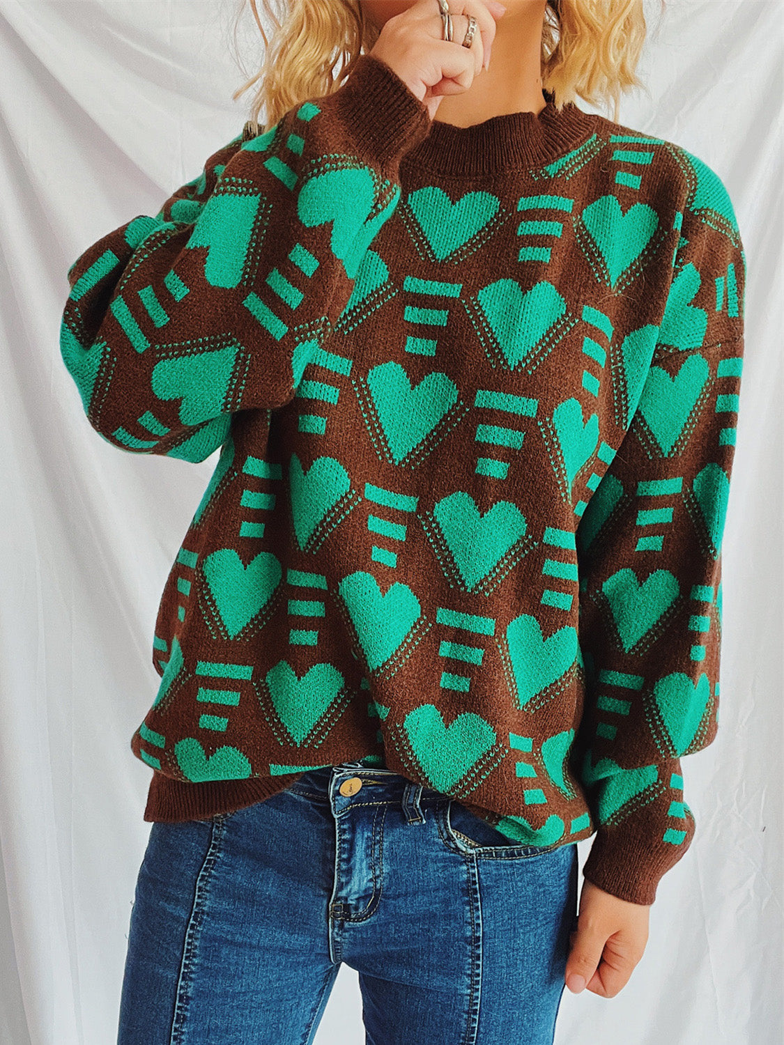 Heart Contrast Long Sleeve Dropped Shoulder Sweater