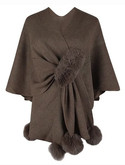 Women Brown Faux Fur Pom Pom Ball Shawl Cape