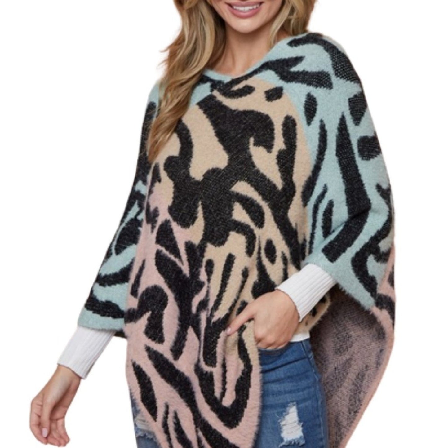 Women's Sweater Poncho Cape Divided Three Color Block Leopard Patterned