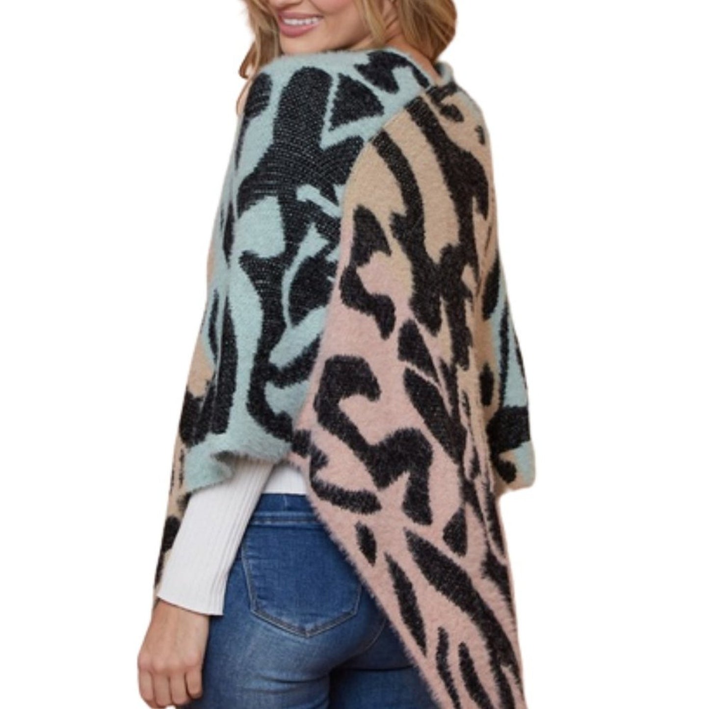 Women's Sweater Poncho Cape Divided Three Color Block Leopard Patterned