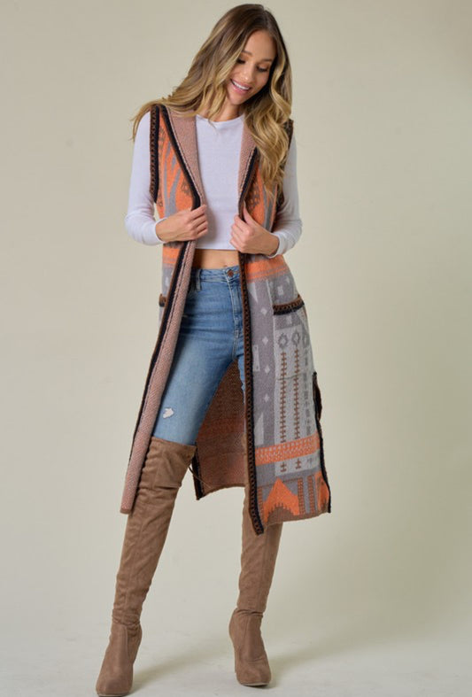 Aztec Multi color Long Cardigan Hooded Sweater Vest.