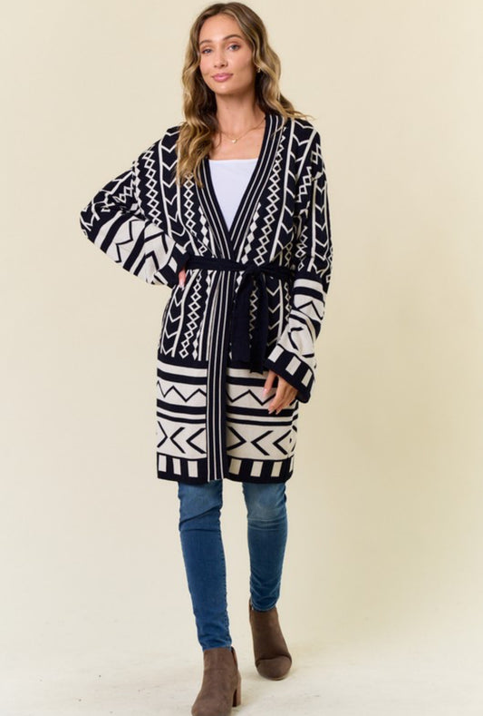 Double Knit Aztec Placement Belted Sweater Cardigan