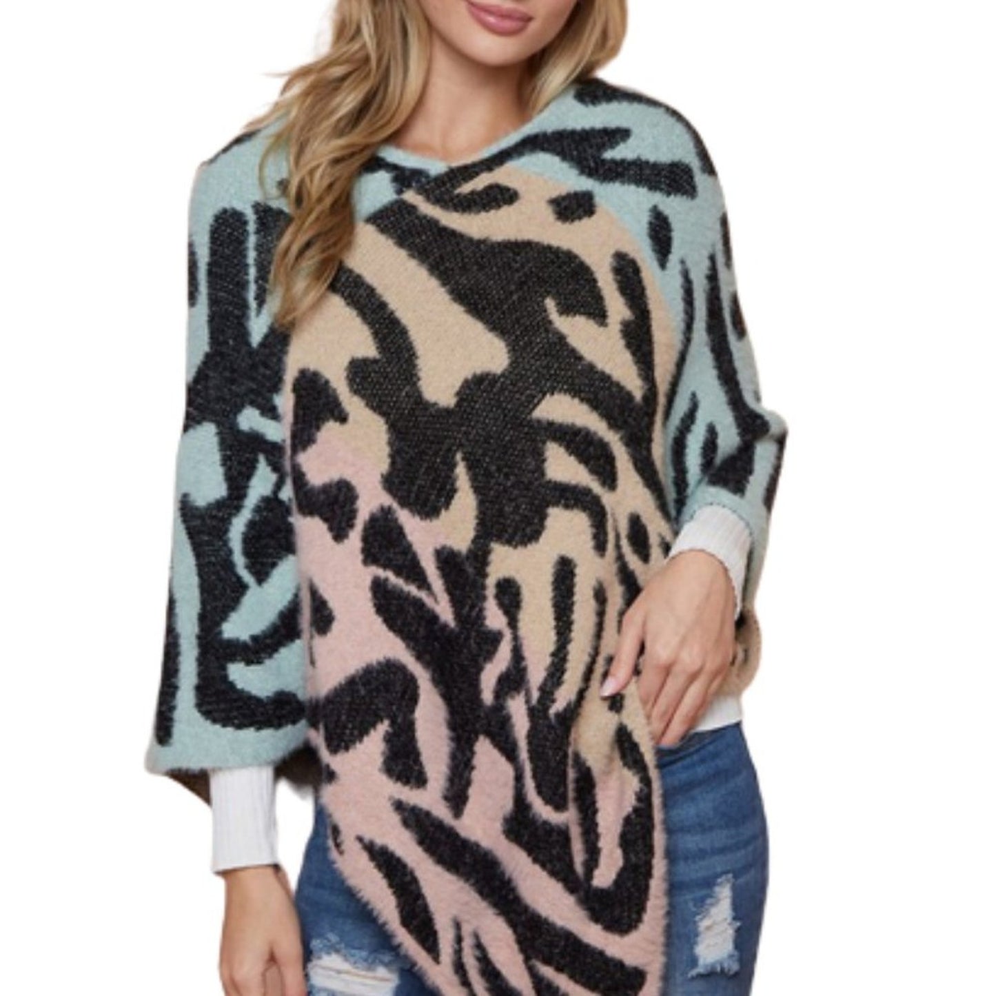 Women's Sweater Poncho Cape Divided Three Color Block Leopard Patterned