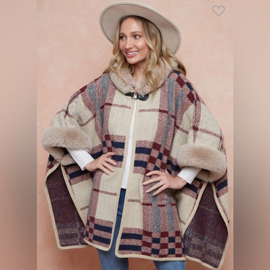 Women’s Plaid Jacquard faux fur hooded cape.