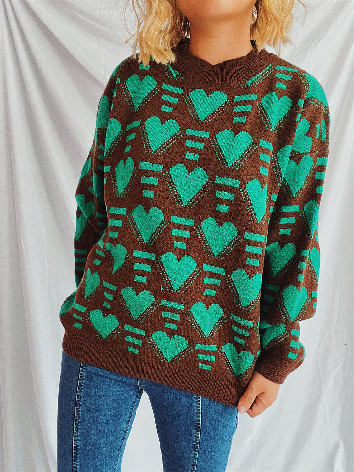 Heart Contrast Long Sleeve Dropped Shoulder Sweater